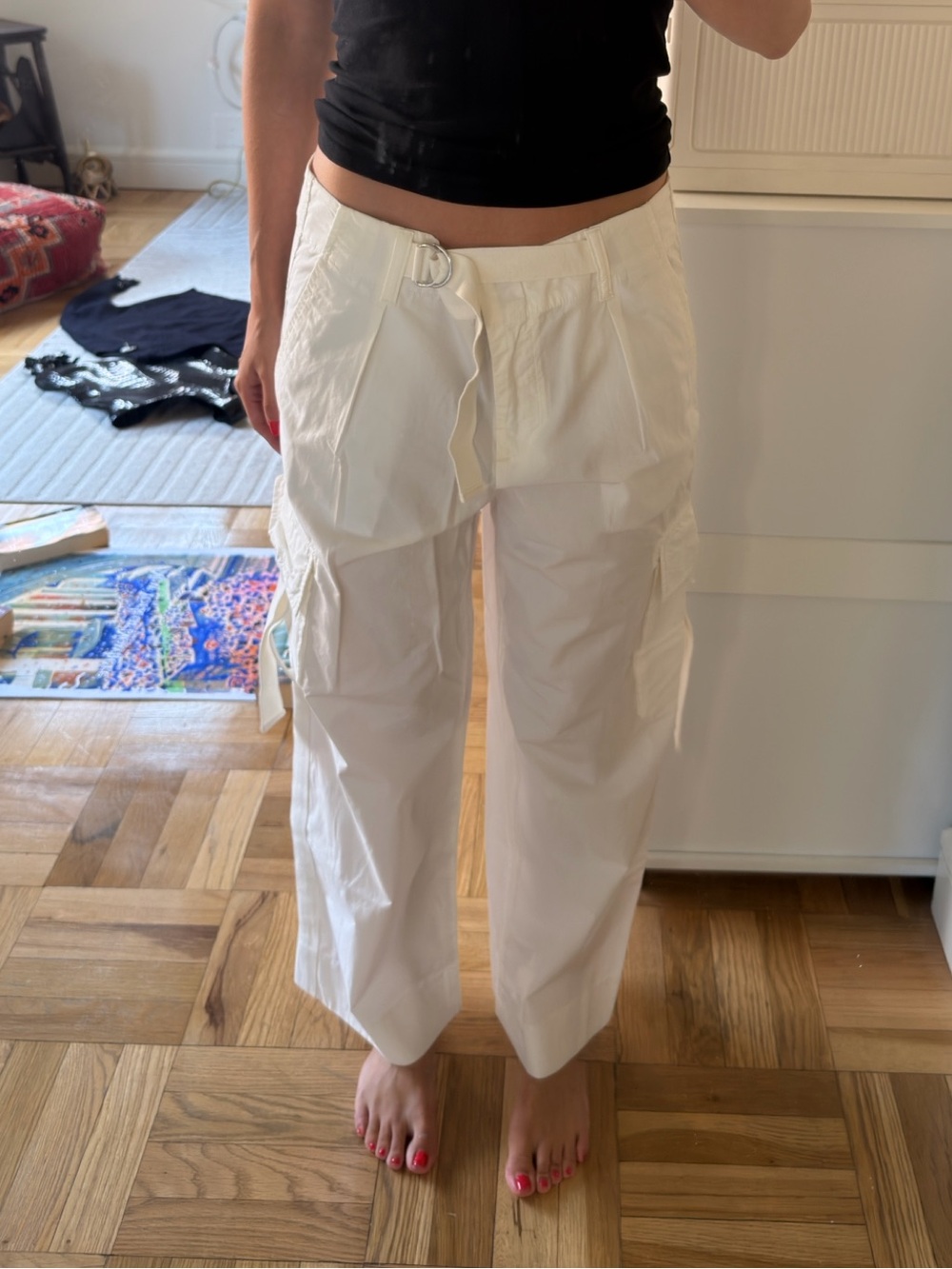 Tory Burch White Wide-Leg Cargo Pants with Utility Buckle